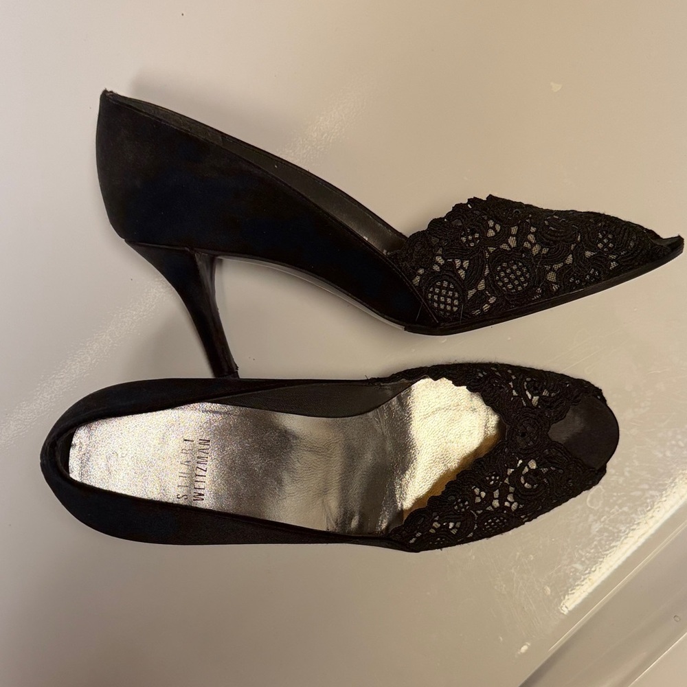 Stuart Weitzman Black Lace Peep-Toe Pumps